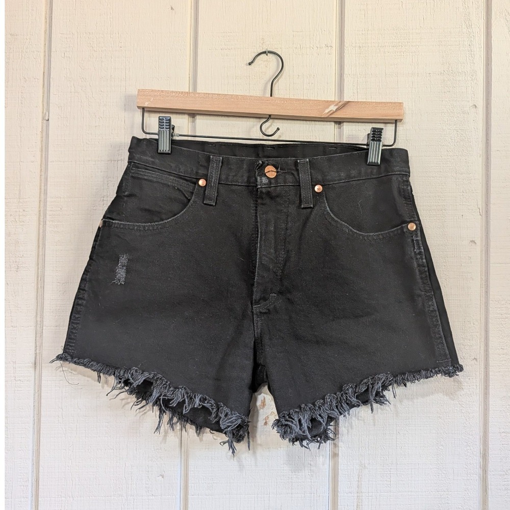 Wrangler 13MWZ Cowboy Cut High Waisted Black Denim Frayed Hem Shorts